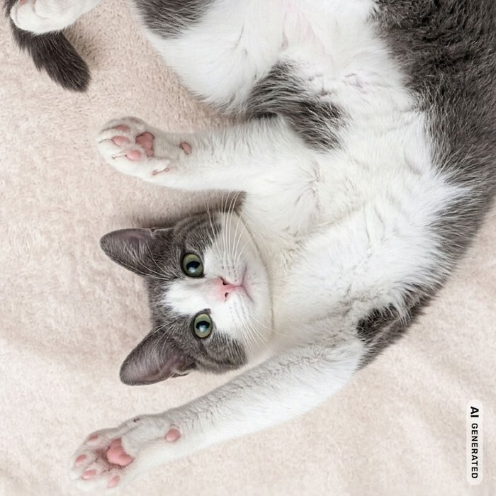 Schwarz wei&szlig;e Katze liegt freudig auf dem Boden und streckt die Pfoten nach oben