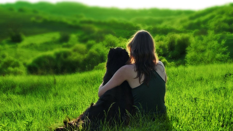 Vrouw met hond in haar armen zit op een groene weide en kijkt in de verte