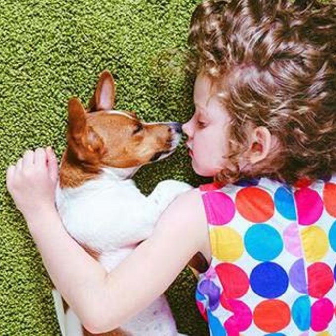 Klein meisje ligt in een weiland met een hond in haar armen