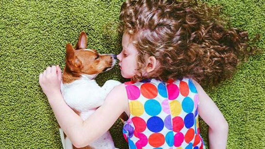 Klein meisje ligt in een weiland met een hond in haar armen