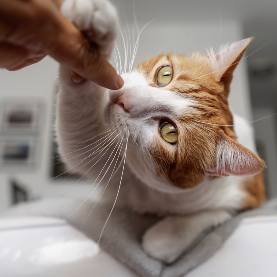 Rot-weiße Katze streckt Pfote in Richtung Hand