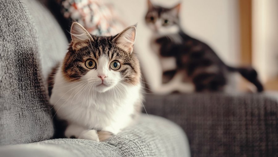 Witgrijze kat zit op de bank, op de achtergrond kijkt een andere kat naar haar