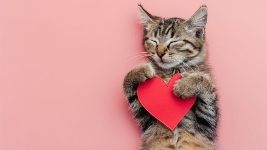 Kat ligt op zijn rug en houdt een hart in zijn poten