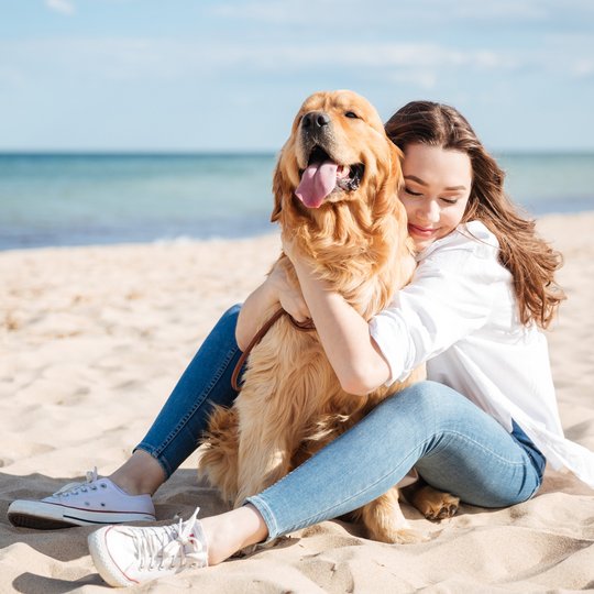 Junge Frau umarmt Golden Retriever am Strand