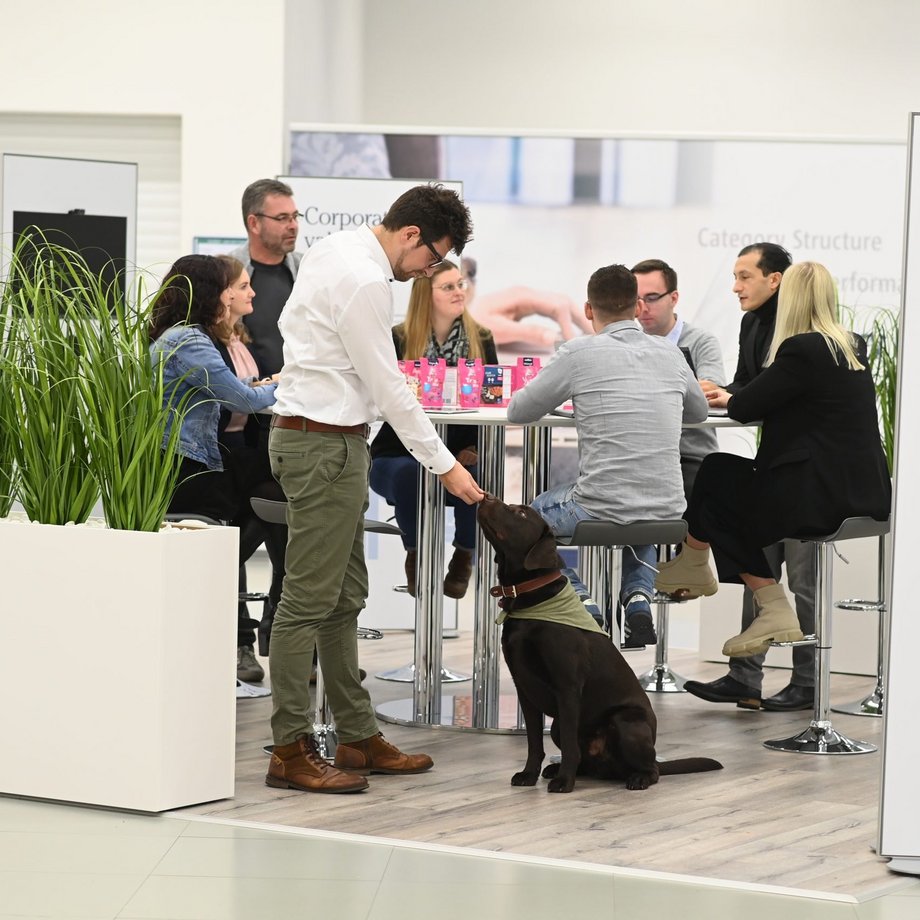 Mitarbeiter gibt Hund ein Leckerli
