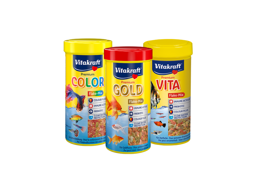 Vitakraft Premium Color, Premium Vita und Premium Gold Fischfutterdosen
