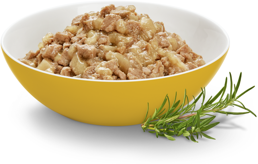 Een gele kom kattenvoer